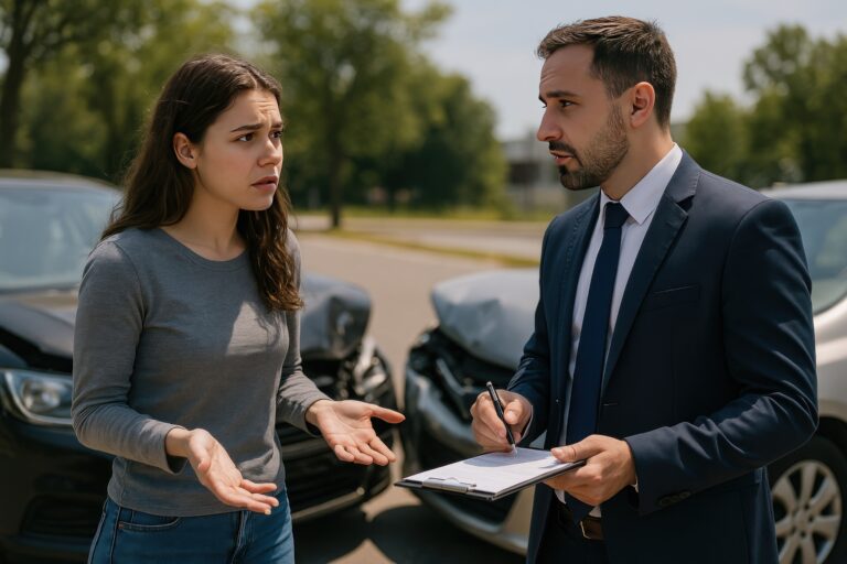Car accident discussion outdoors.